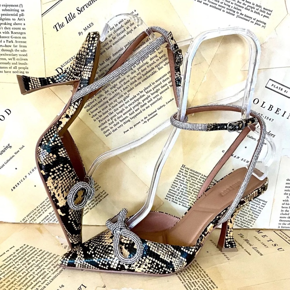 Anthropologie Bibi Lou Alessia Jeweled Bow Heel Tan Black Snake Emboss